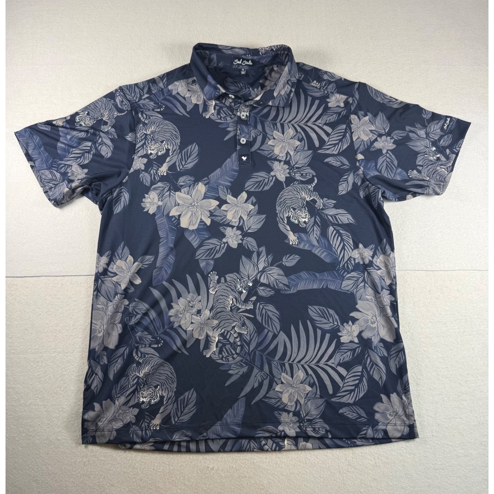 Bad Birdie Mens XL Golf Polo Navy Blue Tiger Tropical Floral Print Performance